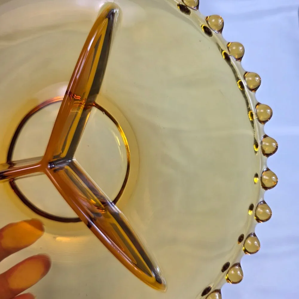 Vintage Amber Three Part Divided Relish Dish Platter Candlewick Style Edge
